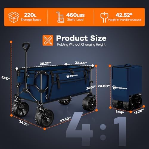 Originsure 220L Collapsible Beach Wagon Cart with Big Wheels, 460lbs, Blue - Image 4