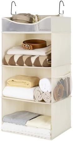 StorageWorks 3-Shelf Hanging Closet Organizer with Half Compartment | Add More Storage to Small Closets, a Side Pocket and Half Compartment, Ideal for Bedrooms, Dorms and RVs,Ivory White by StorageWorks