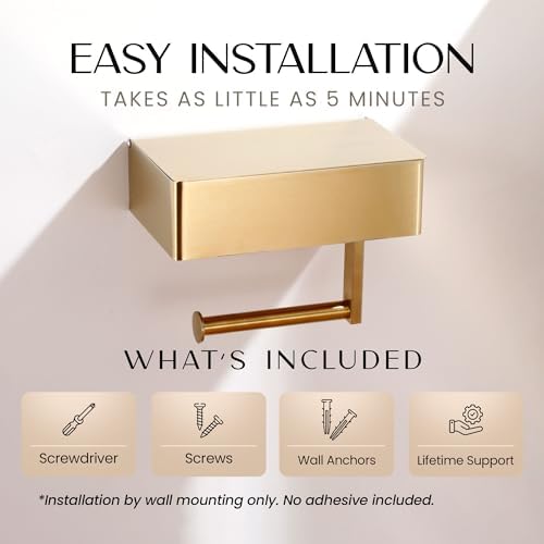 Day Moon™ - Toilet Paper Holder with Shelf - Modern Roll Holder for Bathroom - 1 Pack - Wall Mount - with Storage, Gold - Image 5