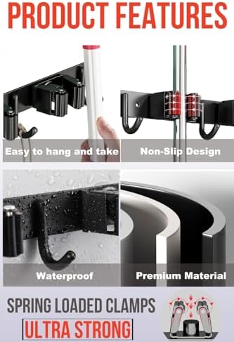 2 Pack Mop and Broom Holder Wall Mount, Upgraded Broom Hanger Wall Mount, Stainless Steel Broom Organizer for Closet Garage Laundry Room Kitchen Wall Decor Black 3R4H - Image 3
