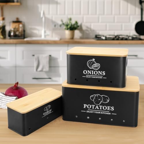 Kitchen Vegetable Storage Set of 3, Metal Onion Garlic Potato Storage Set, Kitchen Canisters Vegetable Keeper Containers with Aerating Holes and Bamboo Lid,Black - Image 2
