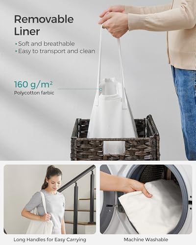 SONGMICS Laundry Hamper with Lid, 23.8 Gallon (90 L) Synthetic Rattan Clothes Laundry Basket with Lid and Handles, Foldable, Removable Liner, Chestnut Brown ULCB051K02 - Image 6
