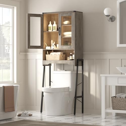 Over The Toilet Storage Cabinet with Tempered Glass Doors and Adjustable Shelf, Bathroom Organizer with Metal Stand Space Saver Over Toilet , Modern Toilet Rack for Bathroom, Restroom, Laundry, Grey - Image 3