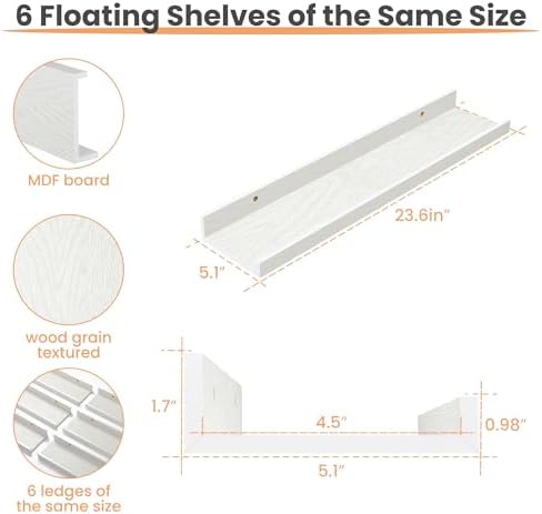 upsimples Floating Shelves for Wall Decor and Storage, White, 6Pcs 23.6'' - Image 3