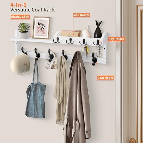 27.5" Wall Mount Coat Rack with Shelf, Key Holder & Mail Organizer, White - Image 3