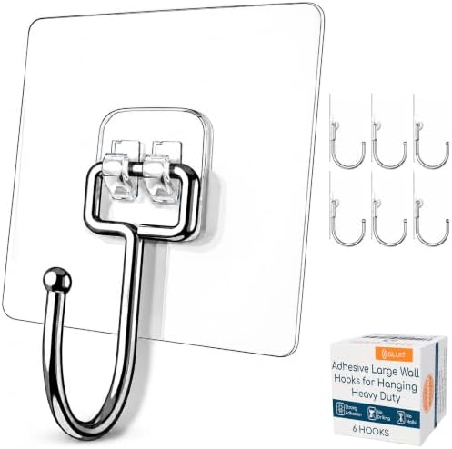 Adhesive Large Wall Hooks for Hanging Heavy Duty No Drill, 22 lbs, 6 pcs by GLUIT