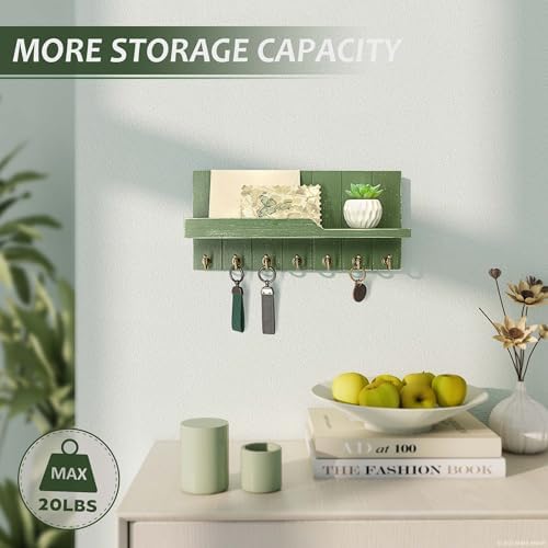 Rebee Vision Key Holder Wall Mount with Shelf &7 Hooks for Entryway, Green - Image 3