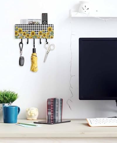 Sunflower Key Holder Wall Mount,Black White Check Country Yellow Floral Black Hanging Mail Organizer with 5 Key Hooks Wall Decorative,Adhesive Key Rack with Shelf for Hallway Kitchen Entryway Decor - Image 5