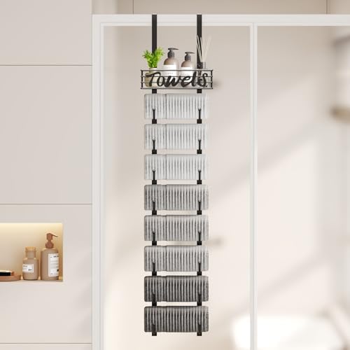 SWTYMIKI Hanging Towel Racks for Bathroom - 9 Tier Over the Door & Wall Mounted Bath Rolled Towel Storage Organizer Holder for Small Bathroom, RV, Camper, Black (Patented) - Image 3