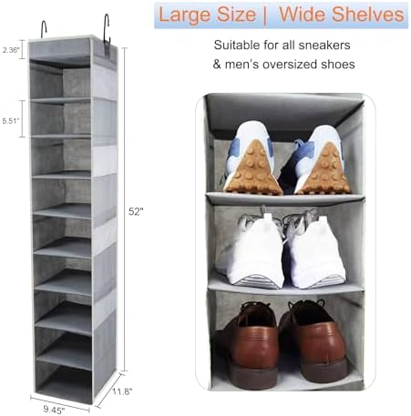 Large-Sized Hanging Shoe Organizer 10-Shelf, Sturdy Hanging Closet Organizer with 8 Side Pockets, Wider Hanging Shelves for Storage Shoes Clothes Jeans Shirts Toys, Grey - Image 2