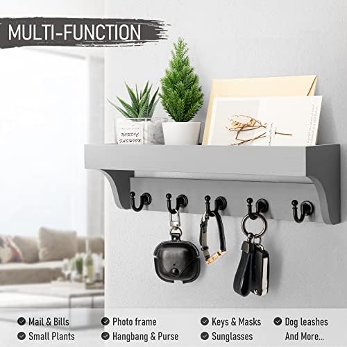 Rebee Vision Key Holder Wall Mount with 5 Hooks & Shelf for Entryway, Gray - Image 2