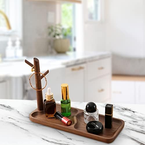 Walnut Wood Key Tray for Entryway Table, Jewelry Tray, Catchall Tray with 3 Stand Hanging Organizer, for Rings, Phone, Bracelets Watches - Image 6