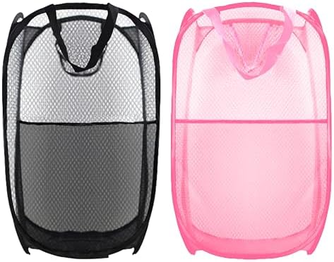 Collapsible Pop Up Laundry Hamper, Extra Large Mesh Foldable Laundry Basket Bag, 28" x 16" x 16", 2 Pack (Black + Pink) by BuyongwantJewelry