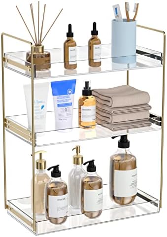 Bathroom Countertop Organizer, 3 Tier Acrylic Tray Vanity Counter Skincare Organizer Shelf, Kitchen Under Sink Standing Rack, Home Storage Holder for Lotion Makeup Cosmetics Perfume Spice, Gold by NPPLUS