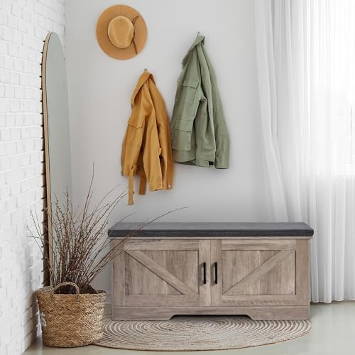 HOMSHO Farmhouse Shoe Storage Bench with 2 Barn Doors & Padded Seat Cushion - Image 3