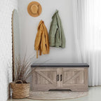 HOMSHO Farmhouse Shoe Storage Bench with 2 Barn Doors & Padded Seat Cushion - Image 3