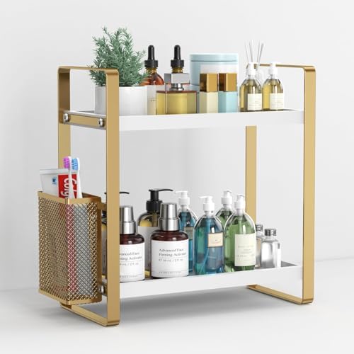 LEMIKKLE Bathroom Counter Organizer with Basket, Perfume,Makeup Organizers for Vanity,Storage Organizers for Bathroom, Kitchen, Dresser（White） by LemikkleDirect