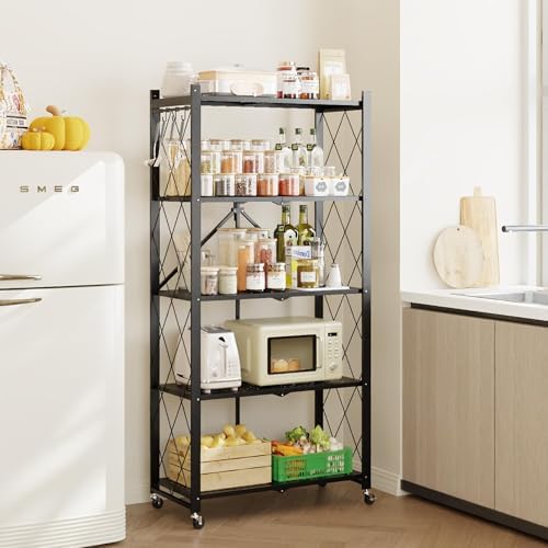 Fenbeli Foldable Shelves with Wheels - 5 Tier Folding Shelf, Collapsible No Assembly Metal Shelving Unit, Origami Storage Shelves & Rolling Storage Rack with 8 Hooks for Kitchen Pantry Garage - Image 2