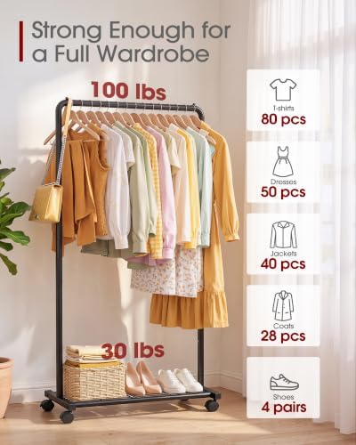Sakugi Clothes Rack - Clothing Rack with Storage Mesh Shelf & Casters, Heavy-Duty Metal Clothing Rack for Hanging Clothes, Dresses, Coats, Large Load Capacity, Easy Assembly, Black, 28.0"x16.9"x59.0" - Image 3