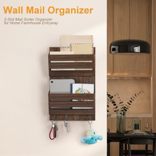 MOOACE Mail Organizer Wall Mount, Wood Mail and Key Holder with Hooks - Image 2