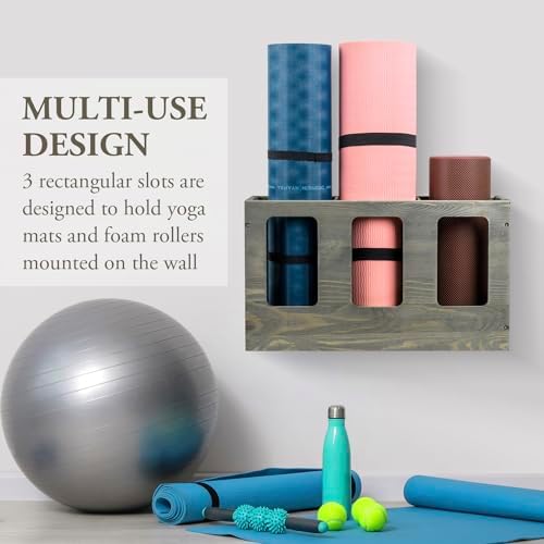 MyGift Wall Mounted Vintage Gray Solid Wood Yoga Mat Holder Fitness Gym Foam Roller Storage Organizer, Floor Standing Sports Exercise Mat Rack - Image 2