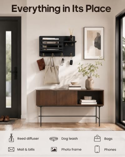 Key Holder Wall Mount with Mail Organizer, 16" L x 5" W x 9.1" H Oversized Keys Hanger Rack with Shelf and 7 Hooks, Wood Wall Organizer for Wallet, Dog Lesh (Black) - Image 3