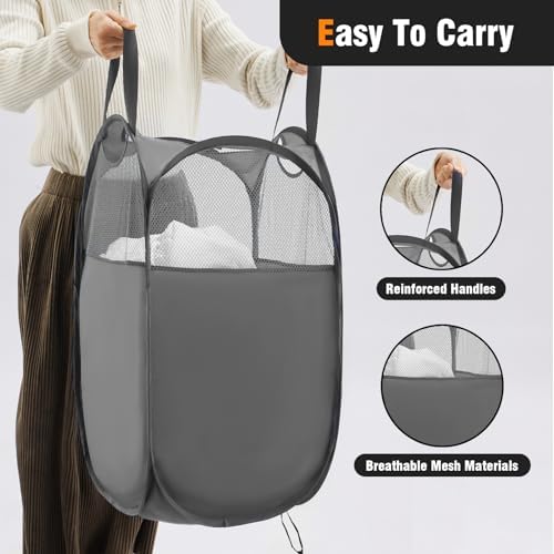 TECHMILLY Pop Up Foldable Laundry Basket, Mesh Laundry Hamper with Reinforced Handles for Dirty Clothes Storage in Dorm, Laundry Room, Bathroom, Grey(Fabric), 3 Pack - Image 3
