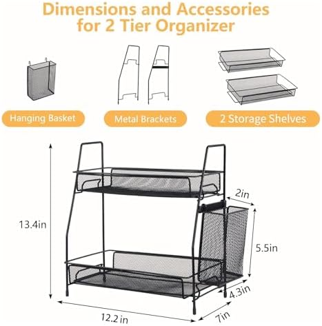 Bathroom Organizer with Basket, 2-Tier Bathroom Tray for Countertop Storage Shelf, Bathroom Counter Organizer, Vanity Organizer and Storage Kitchen Counter Organizers Spice Rack - Image 3