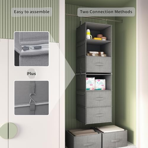 6-Shelf Hanging Closet Organizer with 3 Drawers, Separable, Medium Gray | Converts into Two 3-Shelf Organizers, Foldable Drawers, Side Pockets, Ideal for Wardrobe, Nursery, Dorm & Closet Storage - Image 5