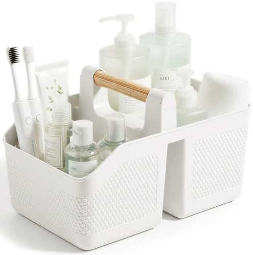 Plastic Shower Caddy Portable Shower Basket with Bamboo Handle, White by rejomiik
