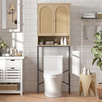 FiveWillowise Rattan Toilet Storage Cabinet, Over The Rack Wood Cabinet with Metal Stand, Bathroom Organizer with Adjustable Shelf, Tall Freestanding Washer Shelf, Small Cupboard, Natural by FiveWillowise