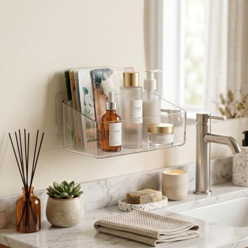 JessLab Clear Cabinet Door Organizer Bin, Angled Open Front Design, Small Acrylic Makeup Storage for Kitchen Spices, Cosmetics, Desk Supplies, Adhesive Mounted, 1 Compartment (2 Pack) - Image 6