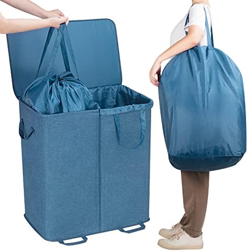 Lifewit Double Laundry Hamper with Lid, Removable Laundry Bags, Blue - Image 4