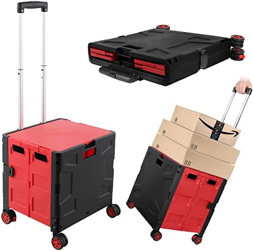 Foldable Shopping Utility Cart Portable Rolling Crate Handcart with 360°Rotate Wheel,Hidden Lid,Telescoping Handle Collapsible for Travel Shopping Moving Storage Office Use(Black/Red) by ZIYOULANG