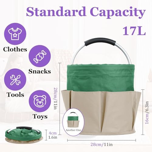 Set of 2 Foldable Cleaning Caddy for Cleaning Supplies, 17L Household Tool Bucket Organizer for Men, Large Cleaning Basket in 600D Oxford Fabric for Travel, Garden, Khaki with Green - Image 2
