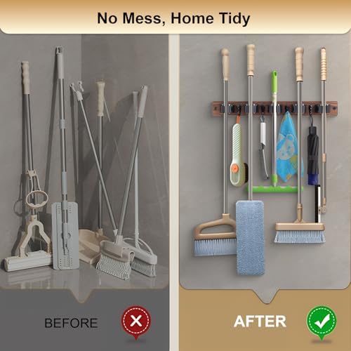 FunCee Broom Holder Wall Mount With 5 Slots & 4 Hooks，Rustic Wood Broom & Mop Hanger，Wall Mounted Garden & Garage Tool Storage Organizer Rack for Closet Laundry Room or Kitchen Wall Decor Black - Image 6