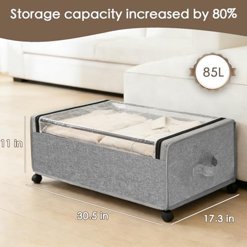 Under Bed Storage with Wheels, 2-Pack Under the Bed Storage Containers with Clear Lids & Label, Underbed Storage Bins, XXXL 85L 11 inches Rolling Metal Drawer for Clothes, Shoes, Toys, Books - Gray - Image 2