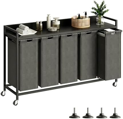 Herture Laundry Hamper with Shelf, Laundry Basket 5 Section, Laundry Sorter with Pull-Out Removable Large Bags and Movable Wheels, Metal Frame, 5 x 15.87 Gallons (60L), Black PF08XLB by Herture