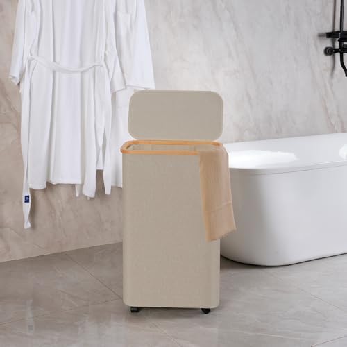 efluky Slim Laundry Hamper with Wheels, Narrow Laundry Basket with Lid and Removable Bag, Aesthetic Dirty Clothes Hamper on Wheels for Laundry Room, Bedroom, Dorm and Bathroom, 75L Beige - Image 5