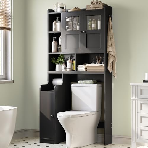 Itaar Over The Toilet Storage Cabinet, Over Toilet Bathroom Organizer with Glass Doors & Toilet Paper Holder Stand, Home Space-Saving Toilet Rack, for Bathroom, Restroom, Laundry(Black) by Itaar