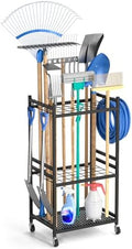 DAOUTIME Garden Organizer With Wheels, Yard Tower Rack for Garage Storage, Up to 35 Long-Handled Tools, Sturdy Metal Steel Holder With 3 Hooks, Outdoor, Black by DAOUTIME