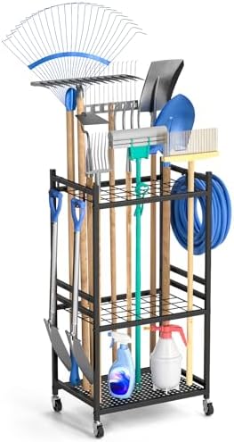 DAOUTIME Garden Organizer With Wheels, Yard Tower Rack for Garage Storage, Up to 35 Long-Handled Tools, Sturdy Metal Steel Holder With 3 Hooks, Outdoor, Black by DAOUTIME