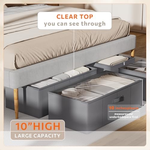 10inch 3 Pack Under Bed Storage Containers, 10 Inch Tall Underbed Clothes Storage Organizer Bin with Clear Window，Foldable Box Basket for Clothes, Closet, Bed Sheets and Blankets Gray - Image 3