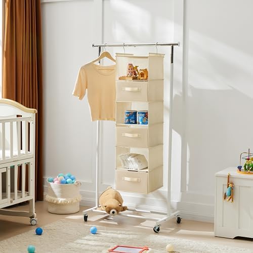 MAX Houser 6 Tier Shelf Hanging Closet Organizer, Closet Hanging Shelf with 2 Sturdy Hooks for Storage, Foldable (Beige-D3) | foldable lightweight fabric space-saving design for Bedroom, Closet Hanging Shelf for Storage with Removable Drawers - Image 2