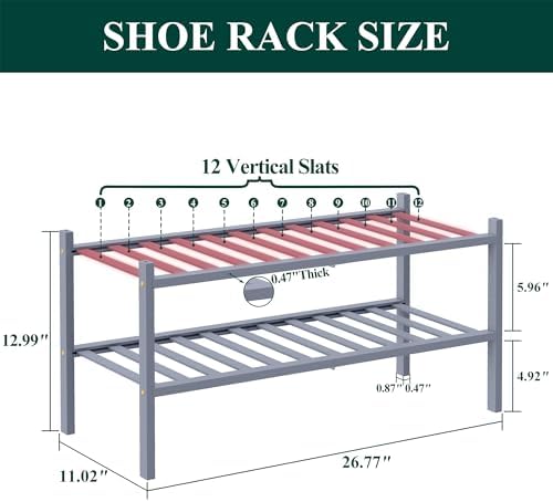 Smiry Bamboo Shoe Rack, 12 Vertical Slats, 2 Tier - 26.8" Wide, Grey - Image 2