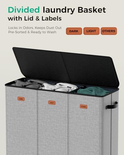 185L Laundry Hamper 3 Section with Lid & Removable Bags - Image 2