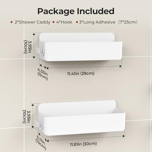 Orimade Shower Caddy 2-Pack, No-Drill Adhesive Shelves with 4 Hooks for Bathroom, Rustproof ABS Plastic Storage Organizer Set, White - Image 4