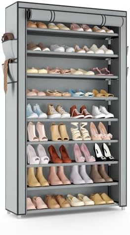 VILICK Shoe Rack with Cover Narrow Shoe Organizer with Pockets 10 Tier Tall Shoe Storage Holds 36-41 Pairs Shoes and Boots Shoe Rack for Closet Entryway Garage, Grey by VILICK