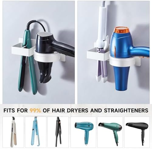 Hair Dryer Holder Wall Mounted, Hair Straightener Holder, Blow Dryer Holder Adhesive, Hair Tool Organizer for Flat Iron, Hairdryer, Curling Iron Holder for Bathroom Vanity Barber Shop (White) - Image 5
