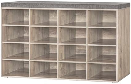 DINZI LVJ Shoe Storage Bench with Cushion, 16-Cubby Shoe Rack with Seat by DINZILVJ